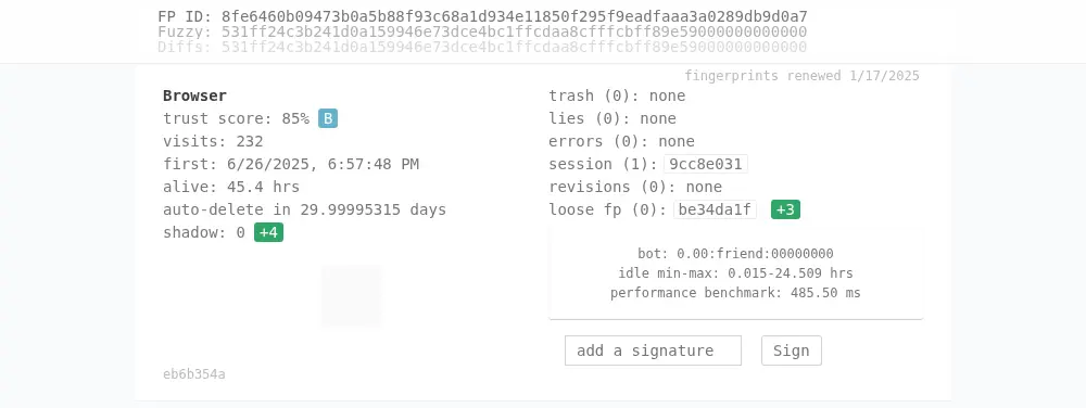 CreepJS fingerprint results