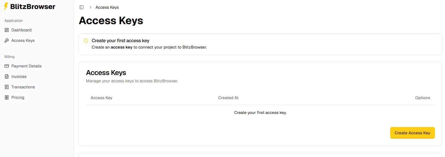 Create Access Key dashboard